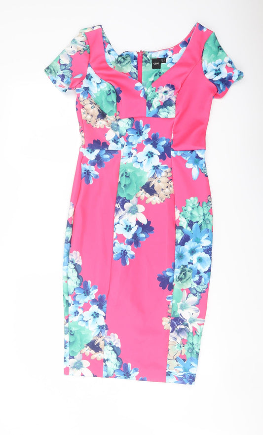 ASOS Womens Pink Floral Polyester Bodycon Size 10 V-Neck Zip