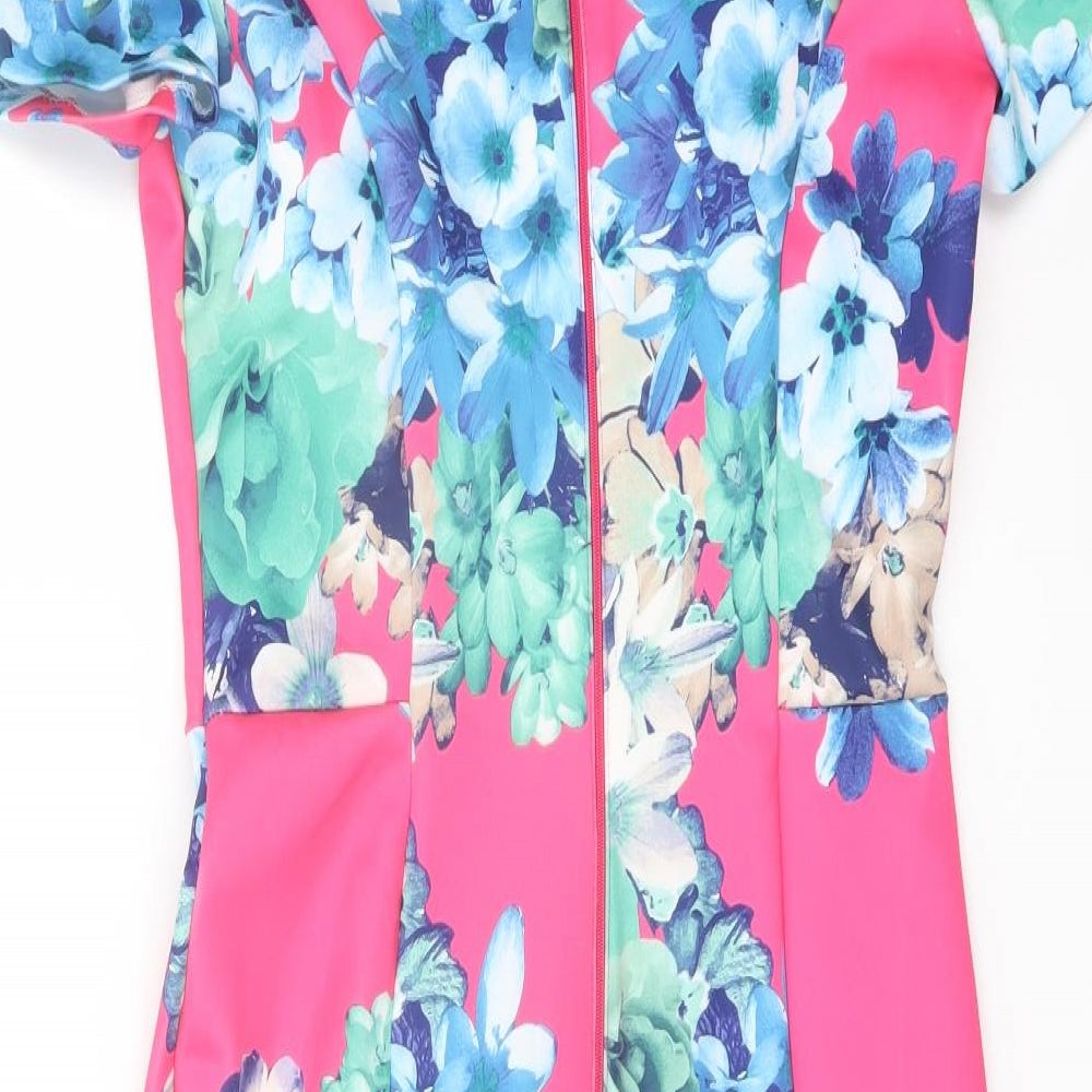 Brand and care label for ASOS women’s pink floral polyester bodycon, size UK 10, v-neck zip