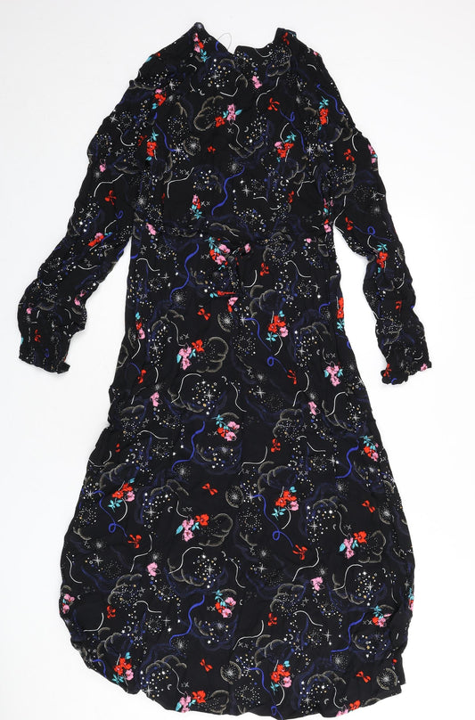 Marks and Spencer Womens Black Viscose A-Line Size 8 V-Neck Zip - Flowers