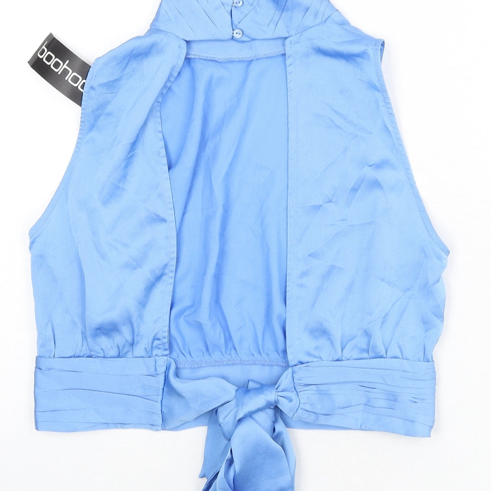 Boohoo Womens Blue Polyester Cropped Blouse Size 12 Mock Neck - Open Back