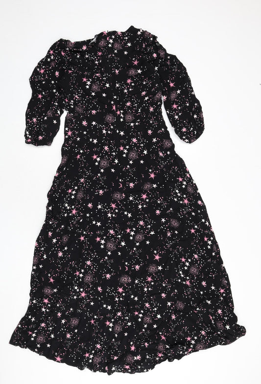Marks and Spencer Womens Black Geometric Viscose A-Line Size 10 Round Neck Zip - Star Print