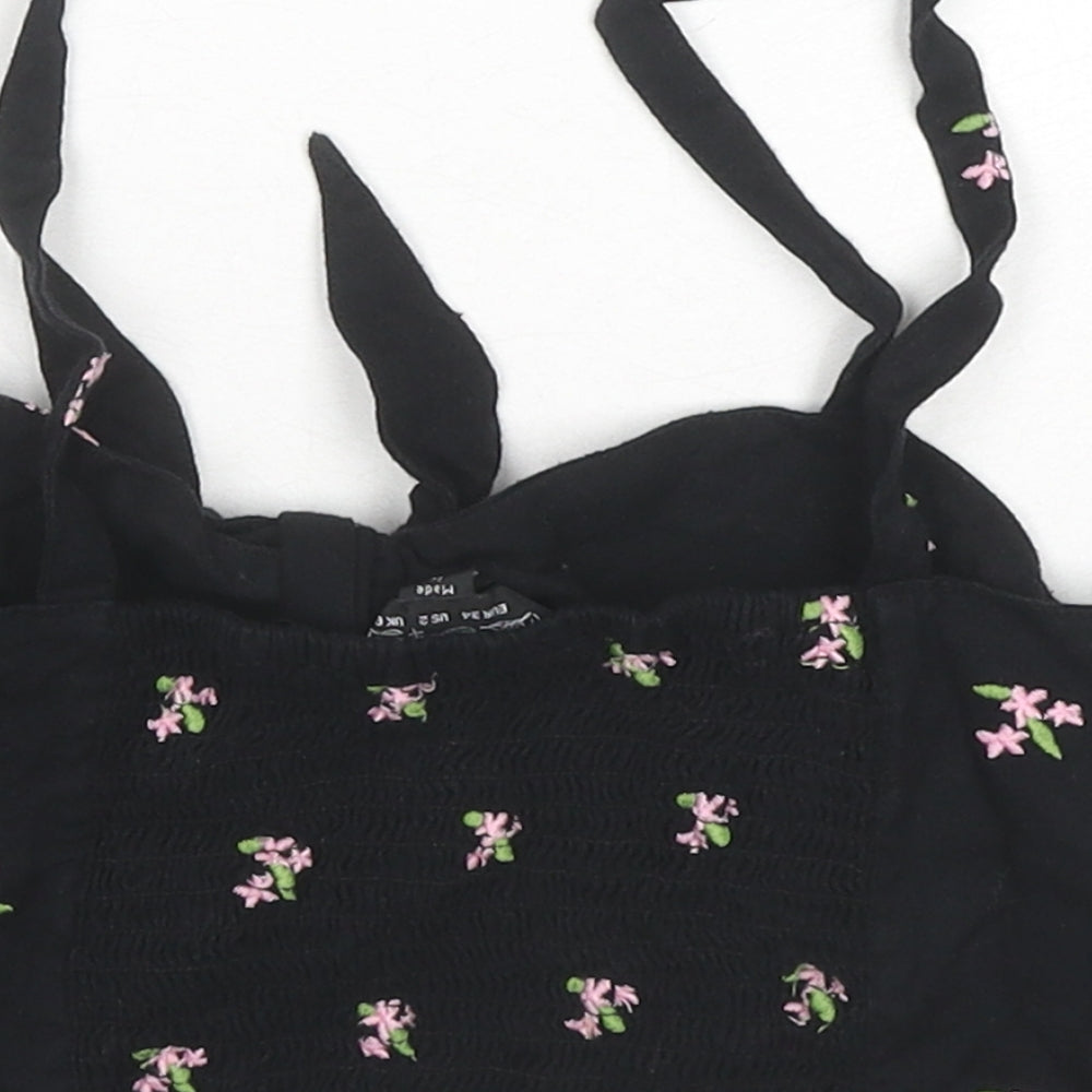 Miss Selfridge Womens Black Floral Cotton Cropped Tank Size 6 Square Neck