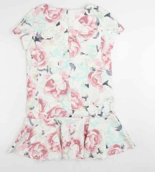 Marks and Spencer Womens Multicoloured Floral Polyester Shift Size 14 Boat Neck Zip - Ruffle