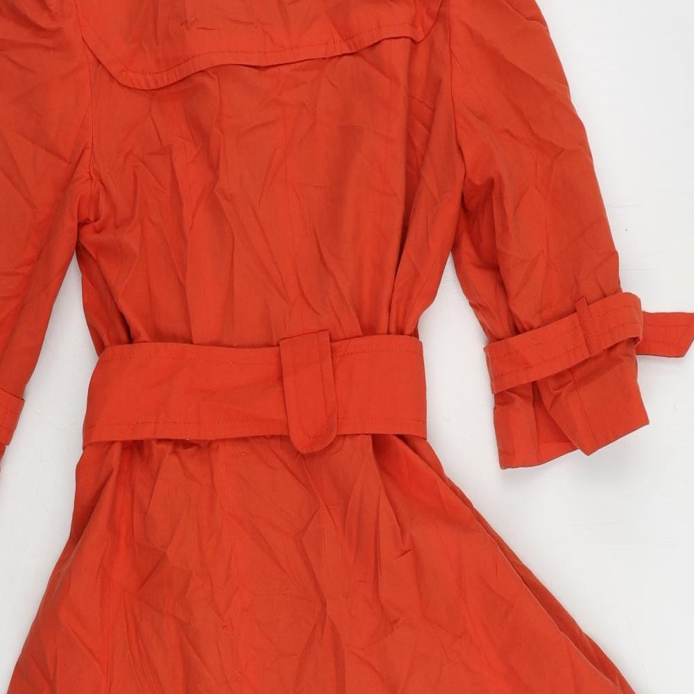 Brand and care label for Miss Selfridge women’s red trench coat coat, size UK 8, button - belted