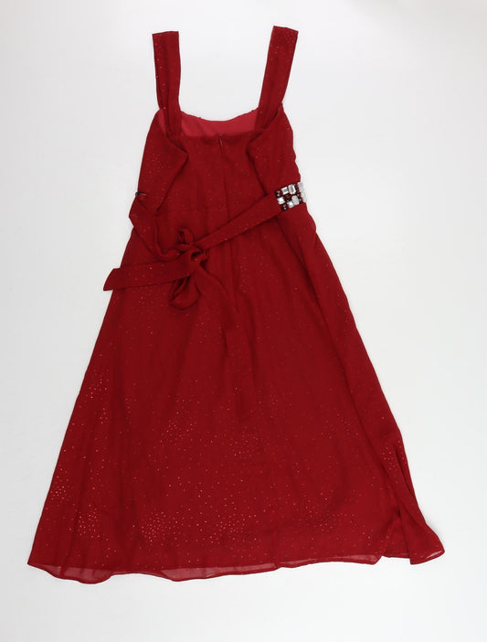 BHS Womens Red Polyester A-Line Size 12 Square Neck Zip - Embellished