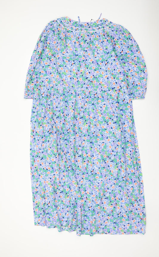 Marks and Spencer Womens Blue Floral Cotton A-Line Size 12 Round Neck Tie