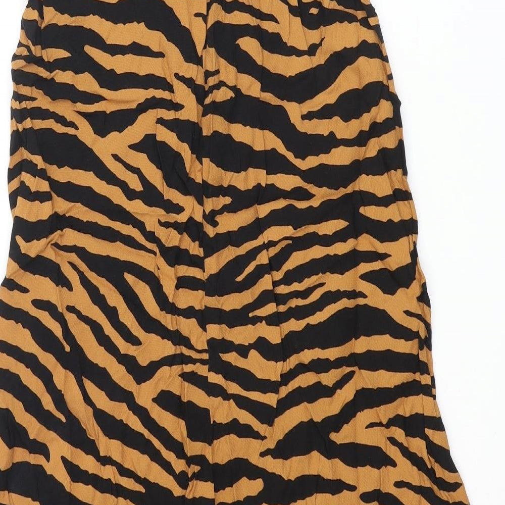 Brand and care label for Miss Selfridge women’s orange animal print viscose a-line skirt, size UK 6, zip - tiger print