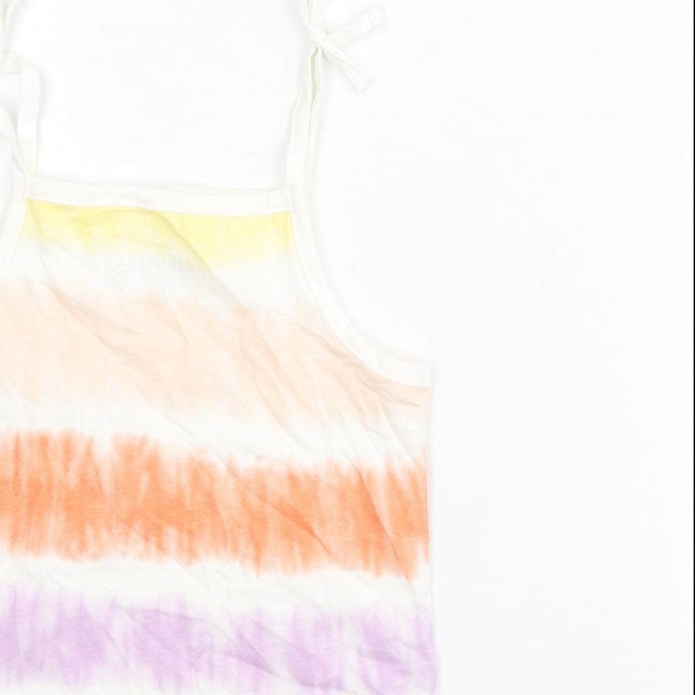 Brand and care label for Marks & Spencer girls’ multicoloured striped cotton basic tank, size 4-5, years square neck pullover