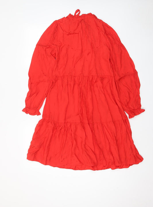 Marks and Spencer Womens Red Geometric Viscose A-Line Size 8 Crew Neck Pullover - Keyhole neck, Pleated
