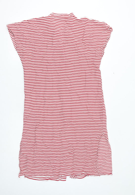 Zara Womens Red Striped Viscose T-Shirt Dress Size S V-Neck Button