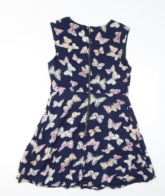Oasis Womens Blue Geometric Viscose Tank Dress Size 12 Round Neck Zip - Butterflies