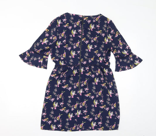 Oasis Womens Blue Floral Polyester A-Line Size 10 Boat Neck Zip - Birds