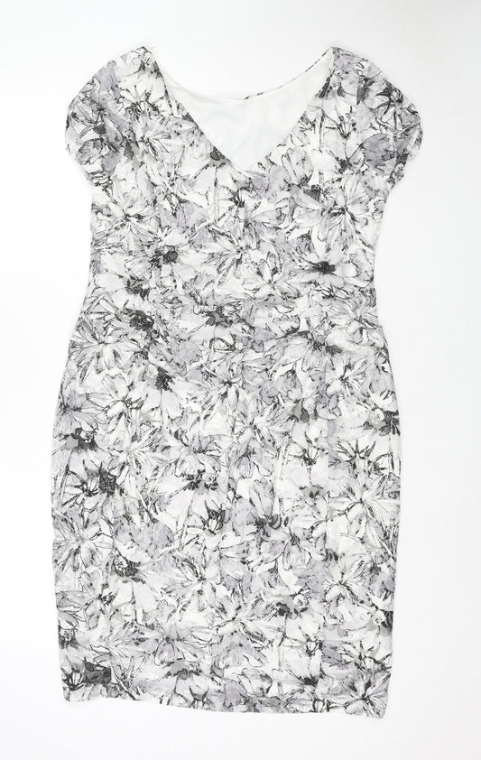 Additional front view of Roman women’s grey floral polyester a-line, size UK 14, v-neck pullover - ruffle detail
