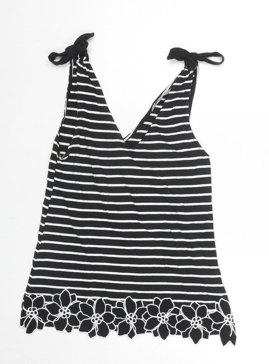 Dorothy Perkins Womens Black Striped Cotton Basic Tank Size 10 V-Neck - Flower Detail