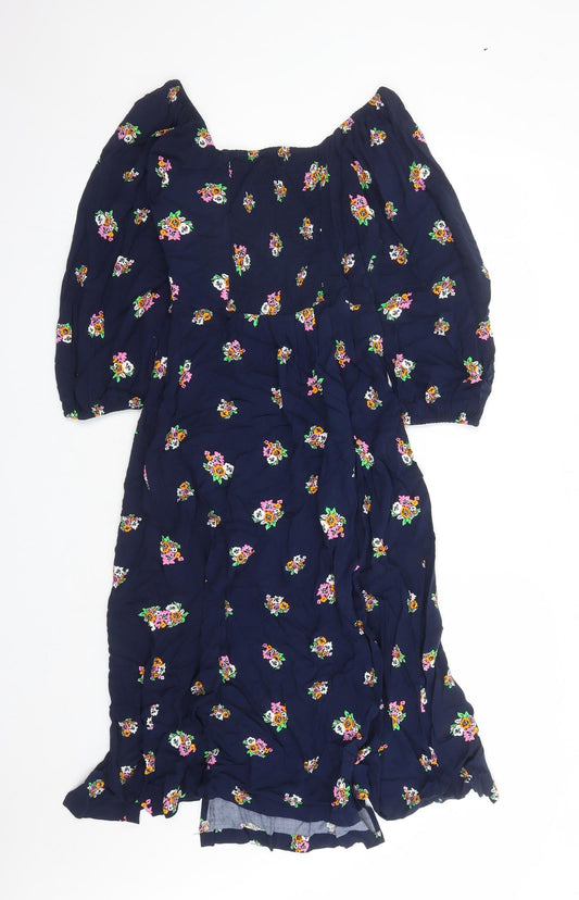 Marks and Spencer Womens Blue Floral Viscose A-Line Size 8 V-Neck Zip - Split Detail
