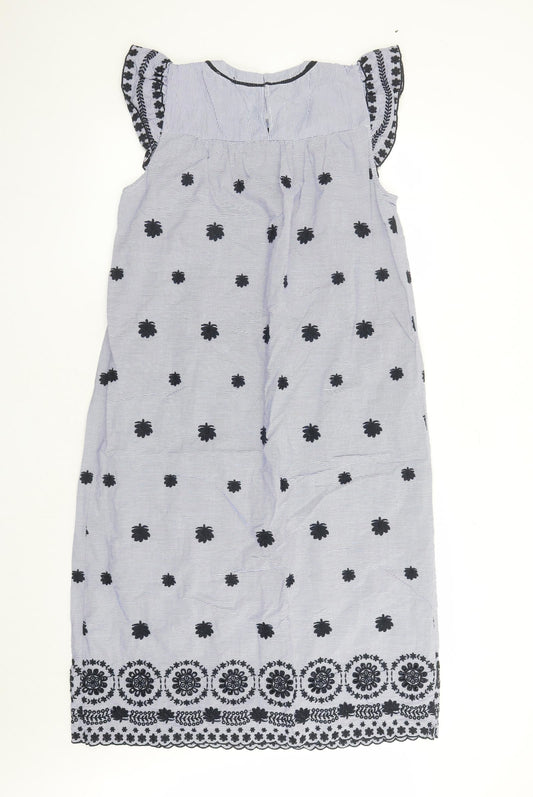 Zara Womens Blue Striped 100% Cotton A-Line Size M Round Neck Button - Embroidered Detail