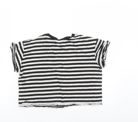 Divided by H&M Womens Black Striped 100% Cotton Cropped T-Shirt Size S Crew Neck