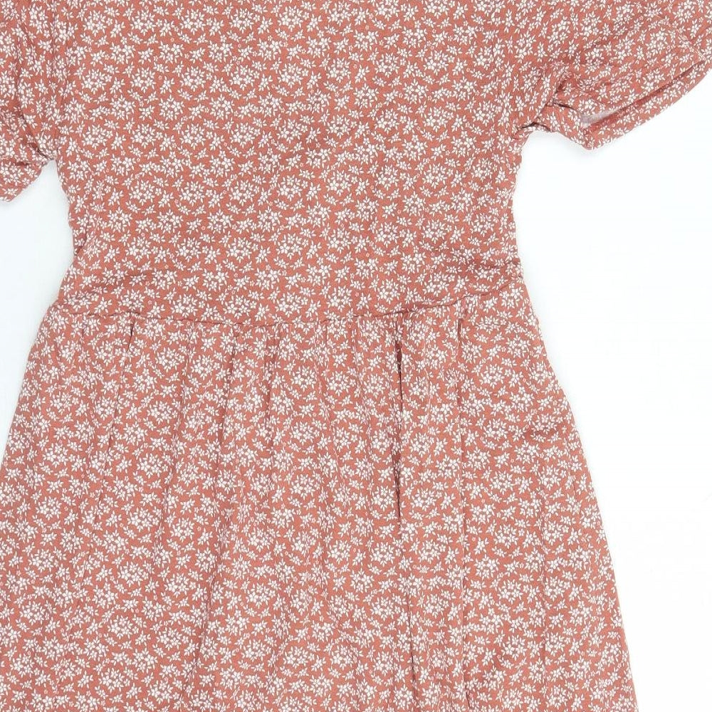 Pull&Bear Womens Brown Floral Polyester A-Line Size M V-Neck Pullover