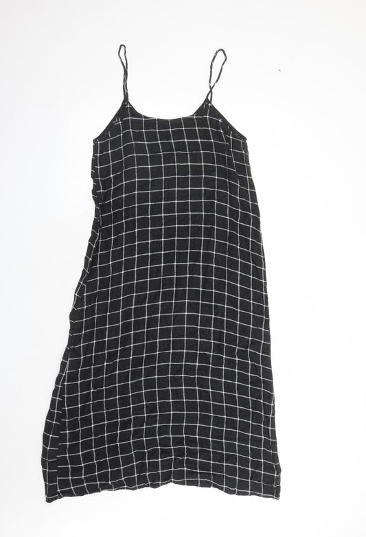 Zara Womens Grey Check Viscose Slip Dress Size S Round Neck Pullover - Rhinestone Detail