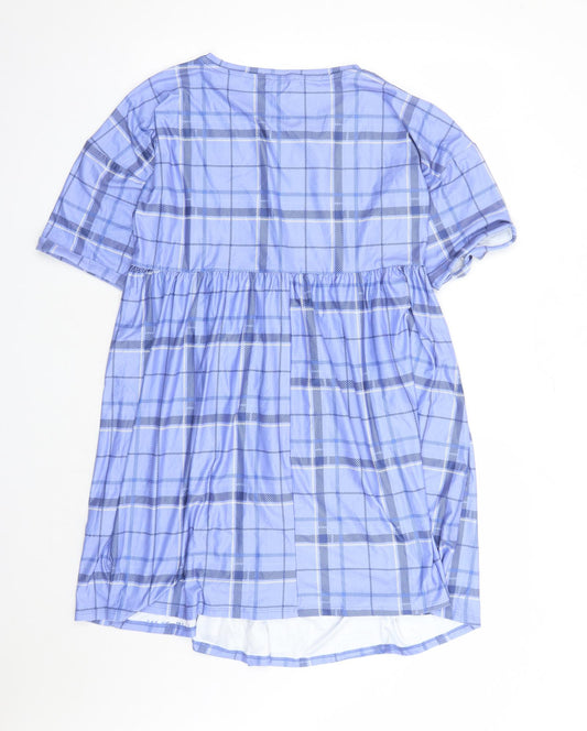 Urban Threads Womens Blue Plaid Polyester A-Line Size 12 Round Neck Pullover