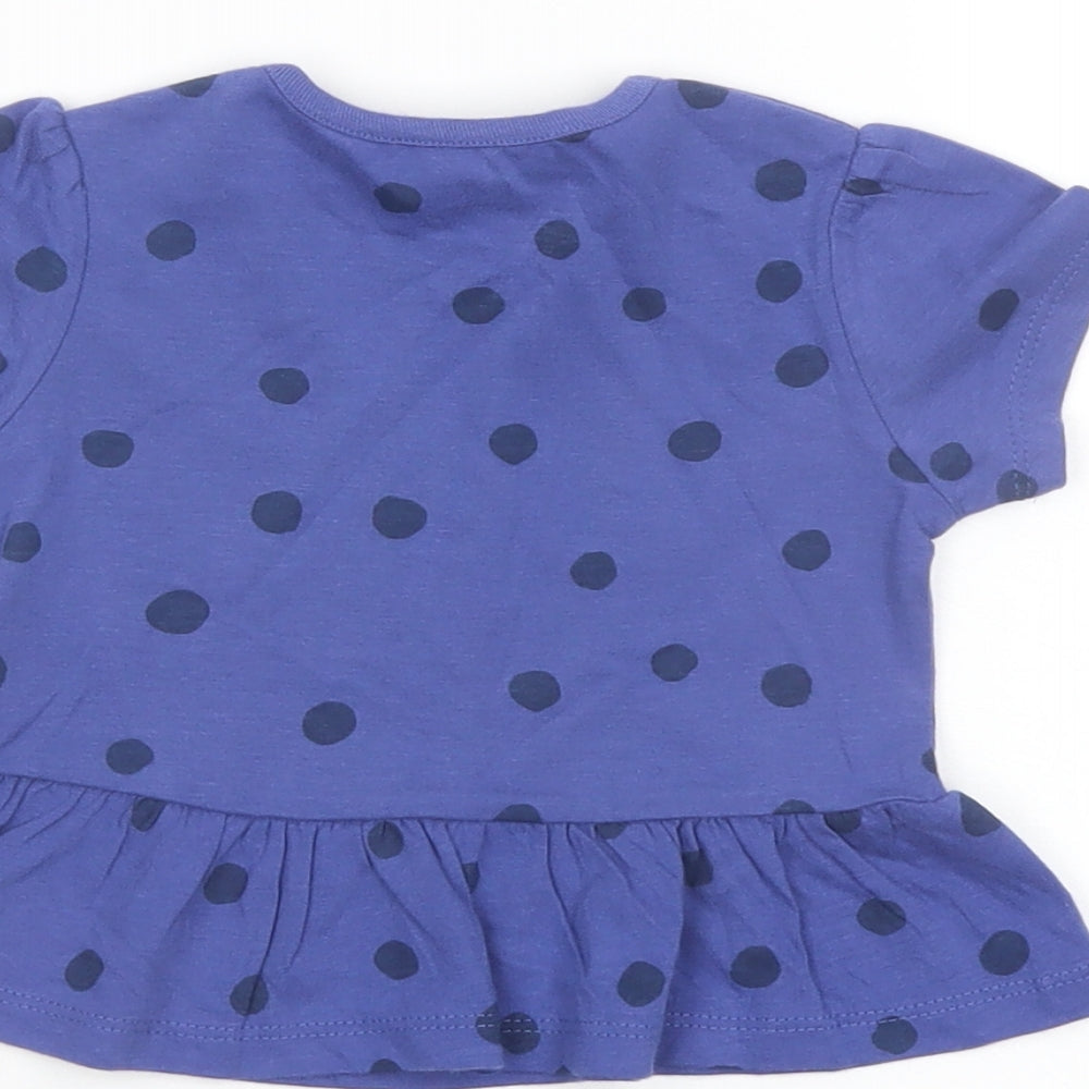 Marks and Spencer Girls Blue Polka Dot Cotton Basic T-Shirt Size 6-9 Months Crew Neck Snap