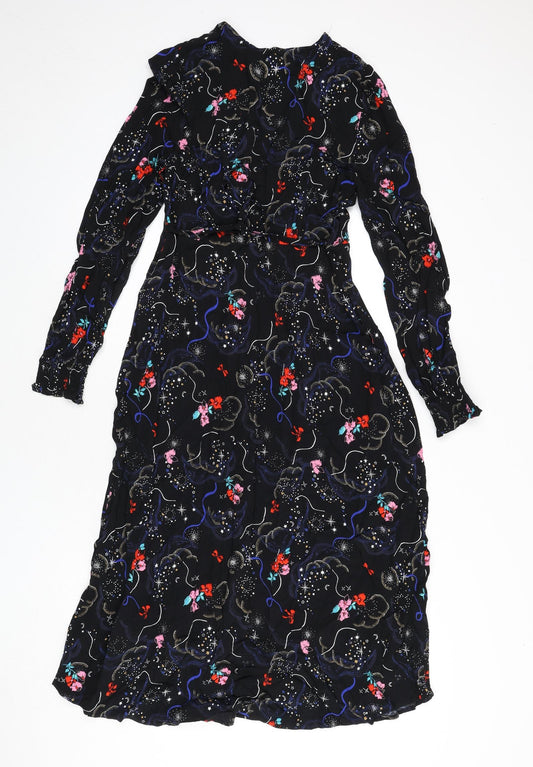 Marks and Spencer Womens Black Viscose A-Line Size 10 V-Neck Zip - Tie Detail