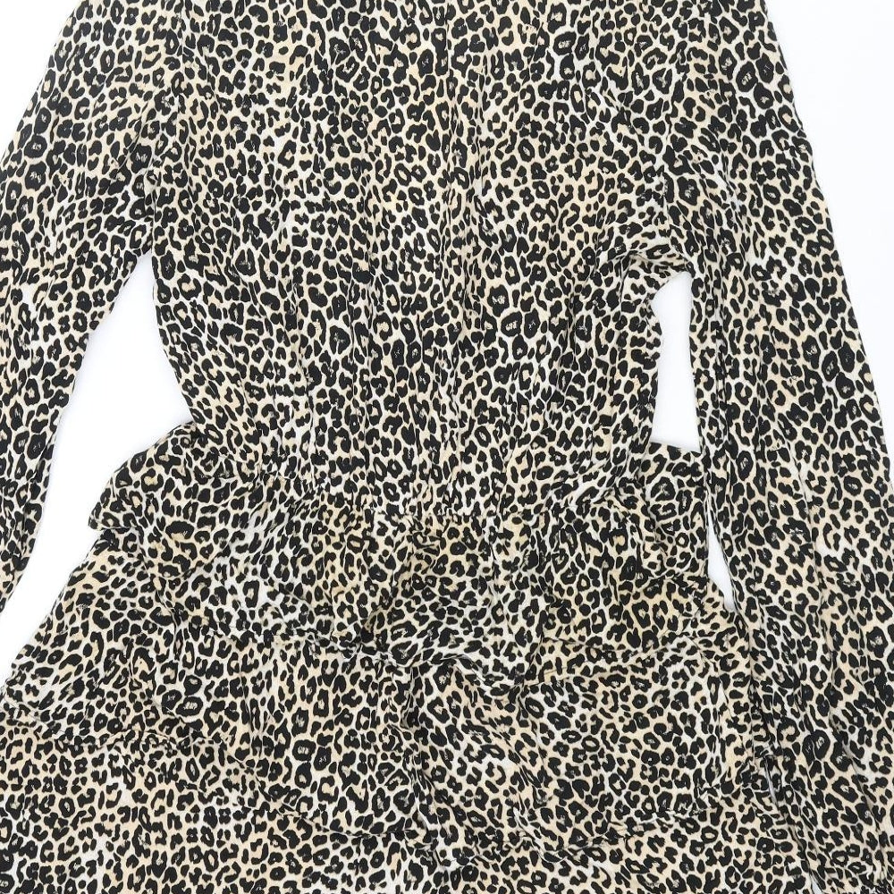 Motel Womens Beige Animal Print Viscose Skater Dress Size M V-Neck Tie - Leopard Print Frill