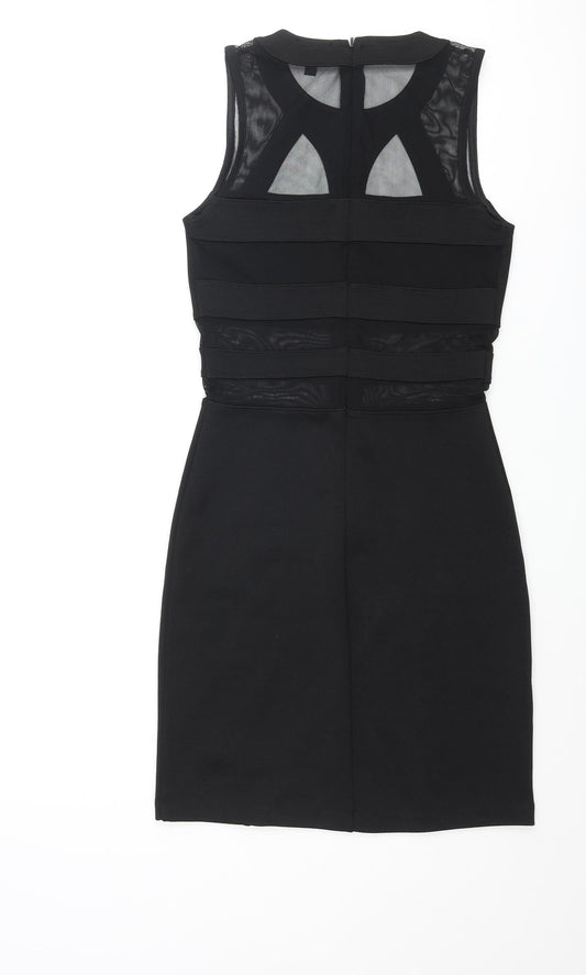 Topshop Womens Black Polyester Bodycon Size 8 Round Neck Zip - Mesh Detail