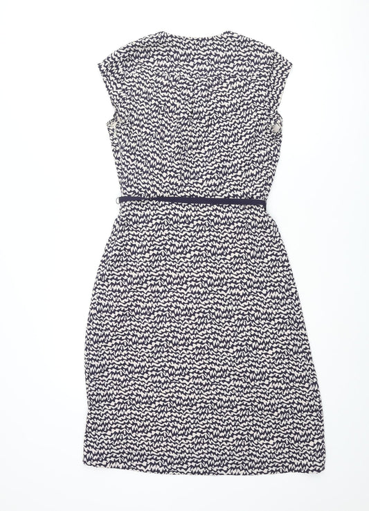 Great Plains London Womens Blue Geometric Polyester Shift Size S V-Neck Zip - Frill Belted