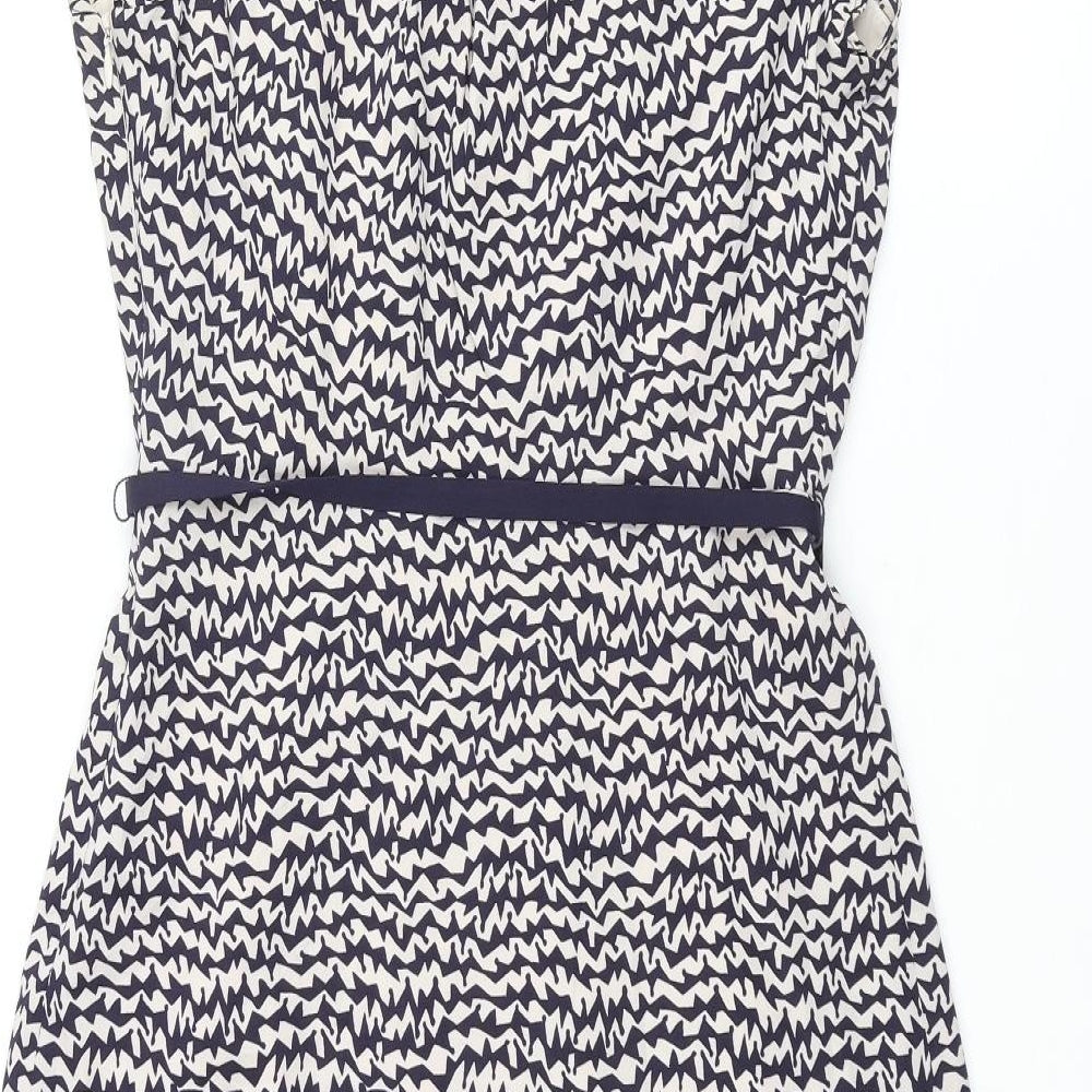 Great Plains London Womens Blue Geometric Polyester Shift Size S V-Neck Zip - Frill Belted