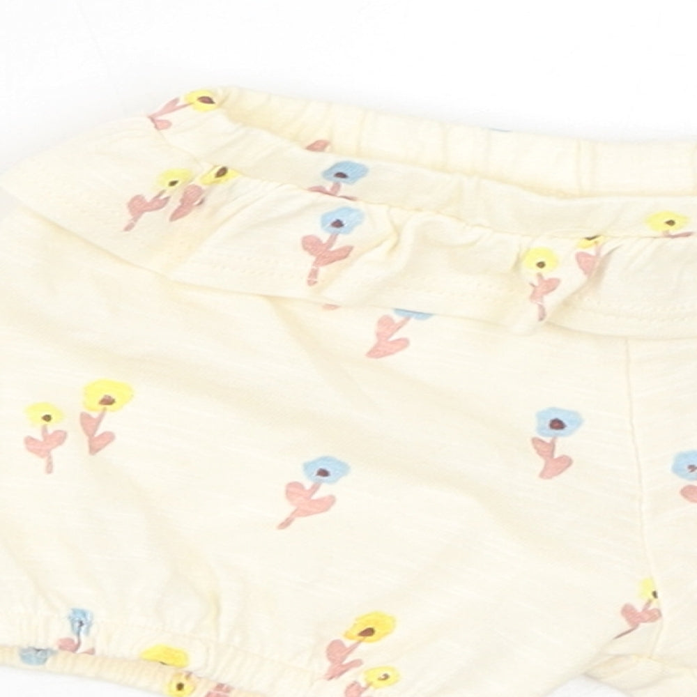 Marks and Spencer Girls Yellow Floral Cotton Cropped Trousers Size 0-3 Months Pullover - 1 Month, Inside Leg 2in