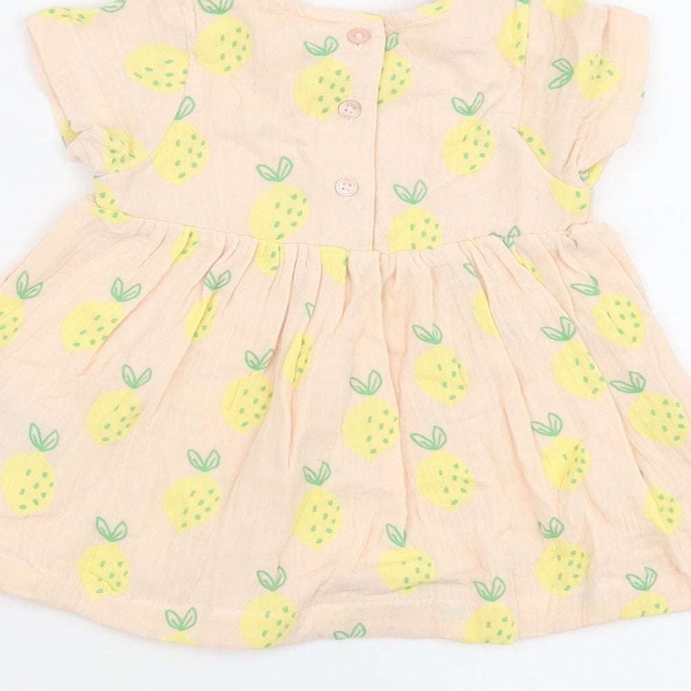 Marks and Spencer Girls Pink Geometric Cotton A-Line Size 3-6 Months Round Neck Button - Lemon Print