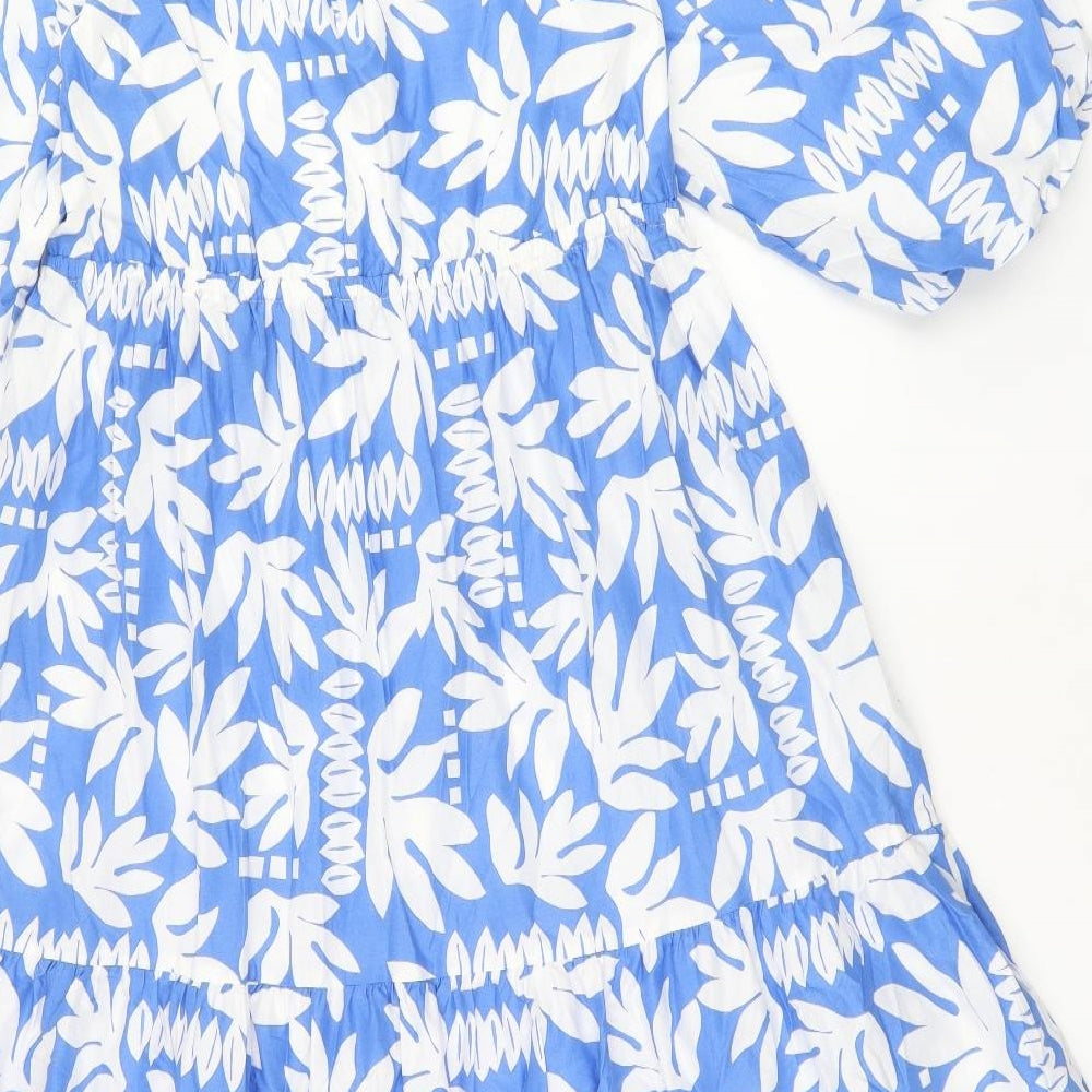 Marks and Spencer Womens Blue Floral Cotton A-Line Size 10 Round Neck Tie
