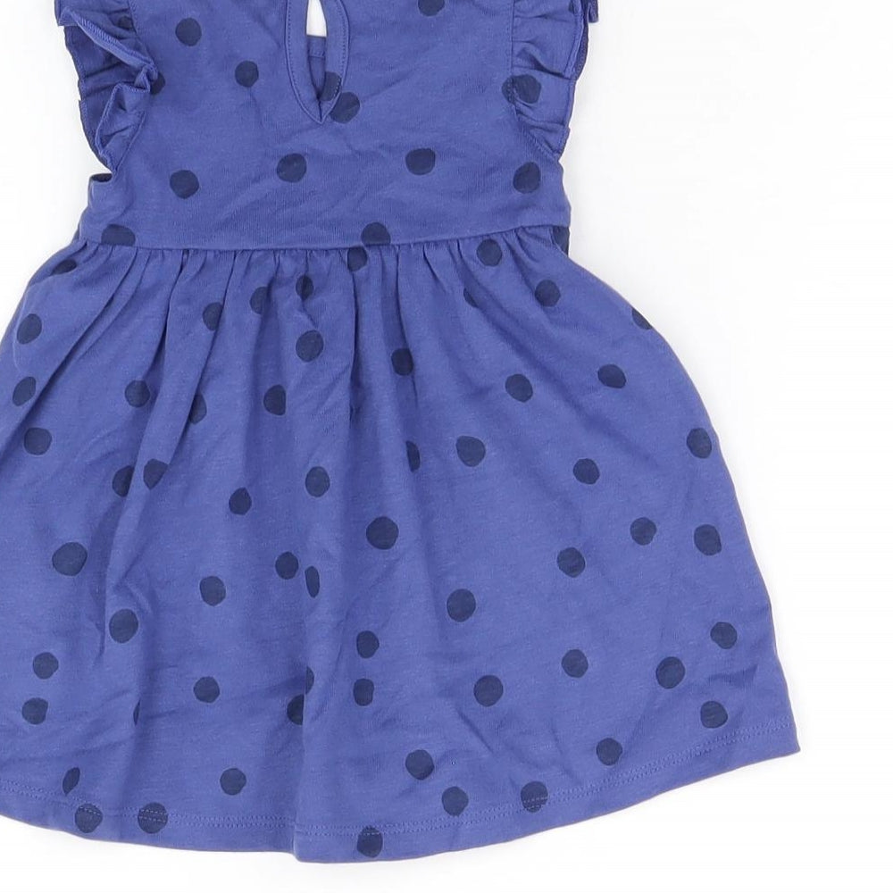 Marks and Spencer Girls Blue Polka Dot Cotton A-Line Size 0-3 Months Round Neck Button