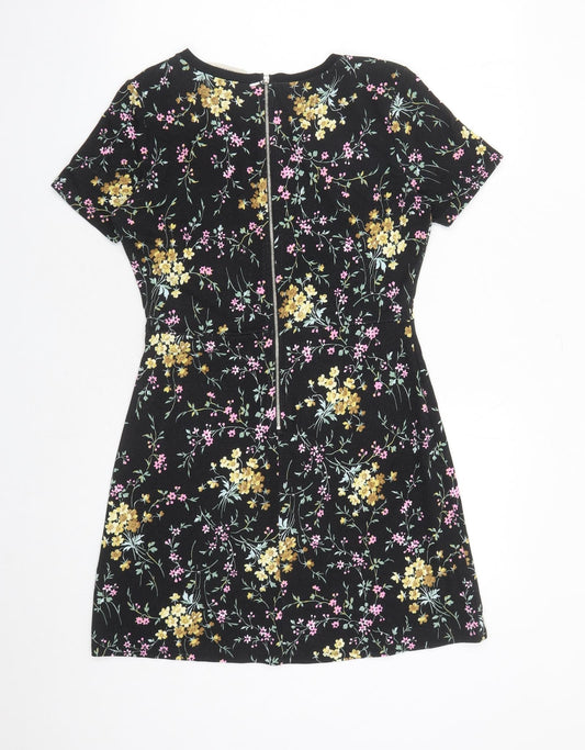 Oasis Womens Black Floral Viscose A-Line Size S Round Neck Zip