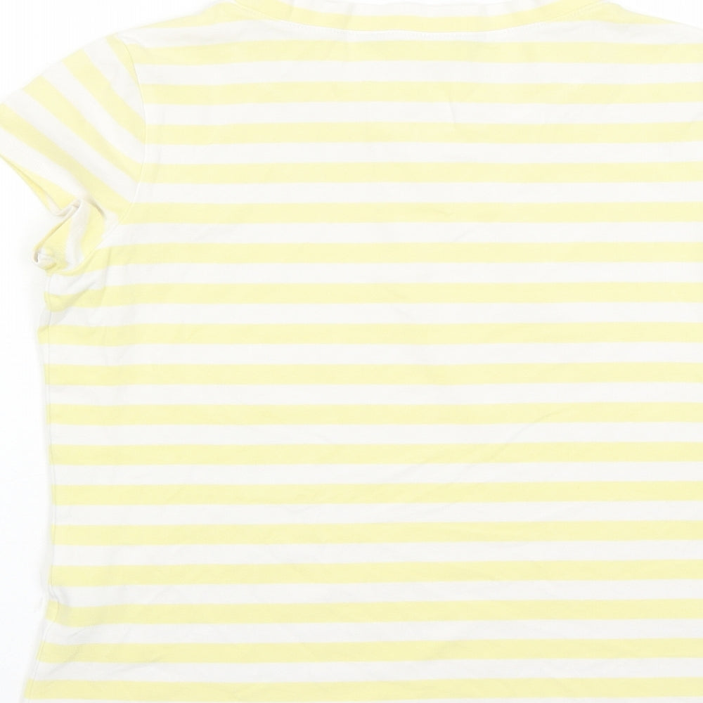 Brand and care label for ESPRIT women’s yellow striped cotton basic t-shirt, size UK 14, round neck