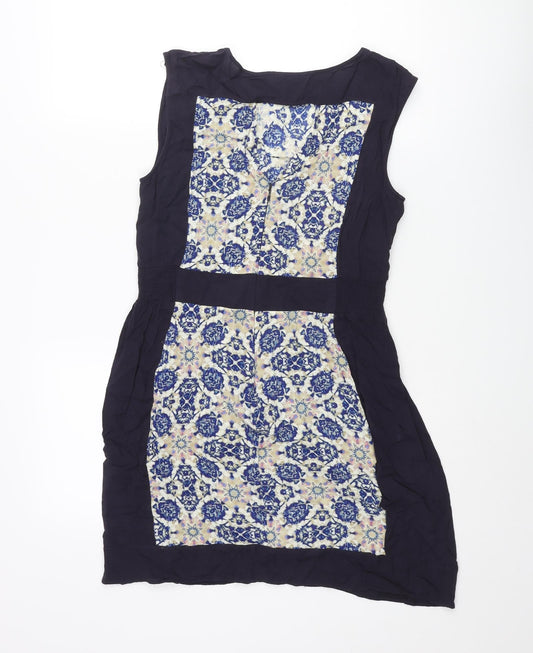 Warehouse Womens Blue Viscose Shift Size 12 Round Neck Pullover - Geometric Print
