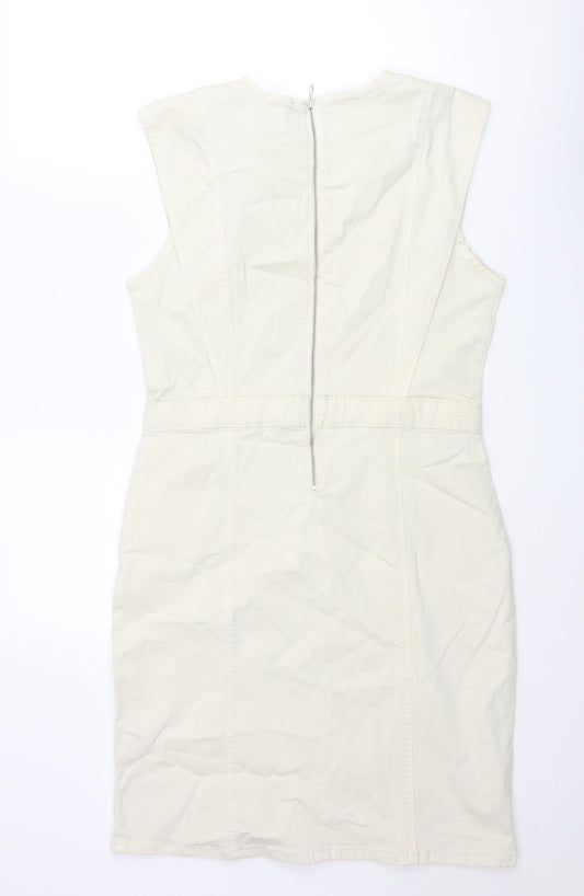 b.young Womens Ivory Cotton Shift Size 14 Round Neck Zip - Panel Detail