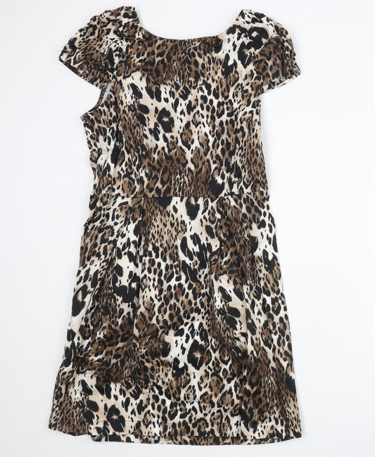 Additional front view of Red Herring women’s brown animal print cotton shift, size UK 14, round neck zip - leopard print