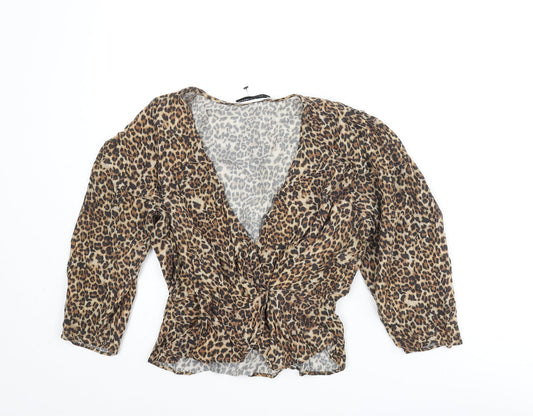 Pull&Bear Womens Brown Animal Print Viscose Cropped Blouse Size S V-Neck - Peplum Wrap Style