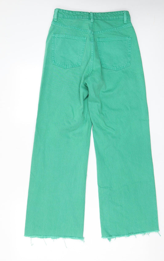Zara Womens Green Cotton Wide-Leg Jeans Size 8 L28 in Regular Zip - Pockets