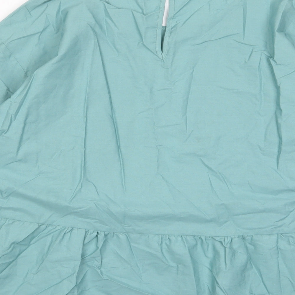 Marks and Spencer Womens Green Cotton Basic Blouse Size 16 Crew Neck - Pleated, Embroidered