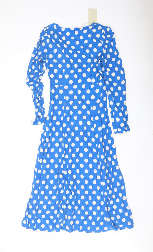 Finery Womens Blue Polka Dot Viscose A-Line Size 8 V-Neck Zip