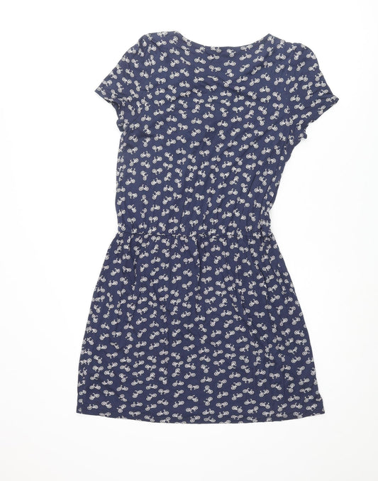 Oasis Womens Blue Geometric Viscose A-Line Size S Round Neck Pullover - Bicycle Pattern