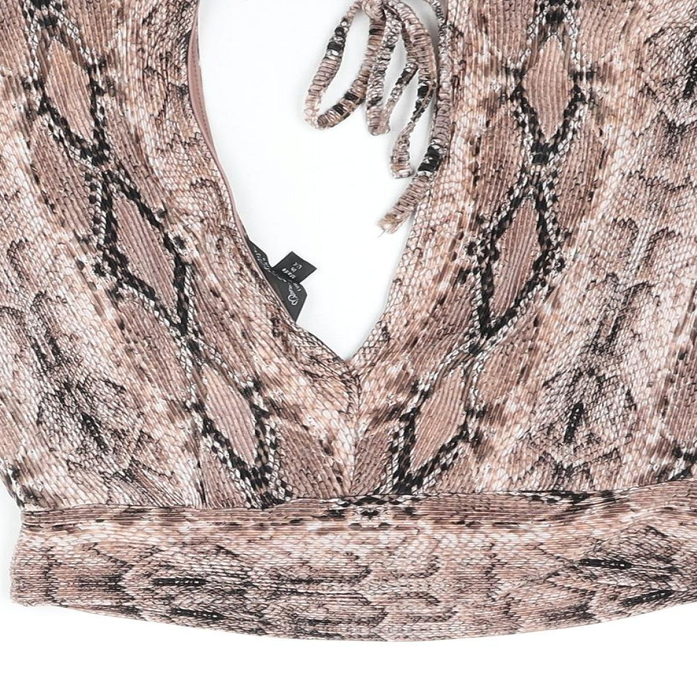 Brand and care label for Miss Selfridge women’s brown animal print polyamide cropped blouse, v-neck - snake print plisse