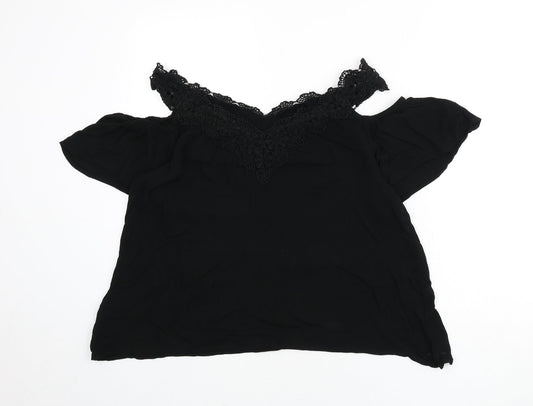 Julipa Womens Black Viscose Basic Blouse Size 14 V-Neck - Lace Trim