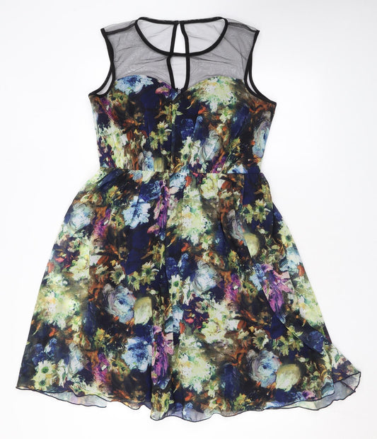 Little Mistress Womens Multicoloured Floral Polyester A-Line Size 12 Round Neck Button