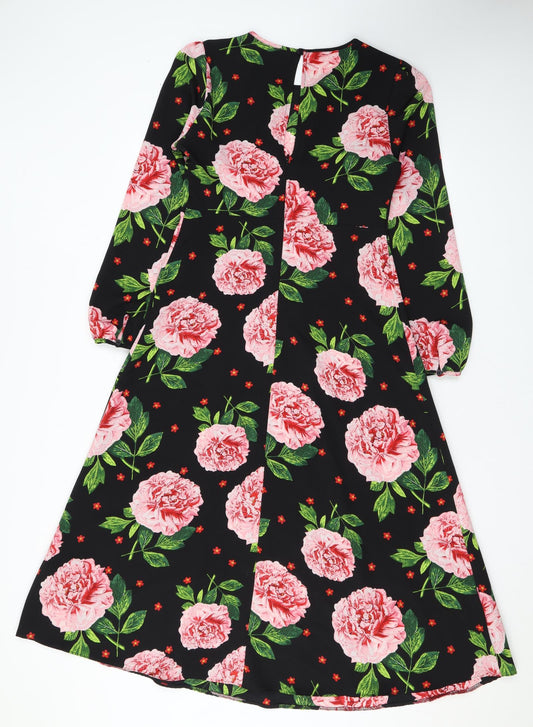 Dorothy Perkins Womens Black Floral Polyester A-Line Size 8 Scoop Neck Button