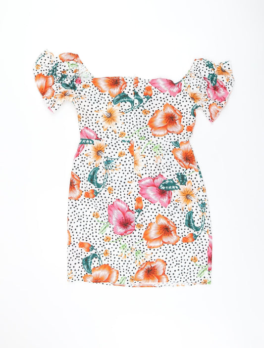 PRETTYLITTLETHING Womens White Floral Polyester Mini Size 10 Off the Shoulder Zip - Polka Dot