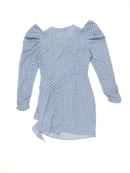 Missguided Womens Blue Polka Dot Polyester Bodycon Size 8 Round Neck Zip